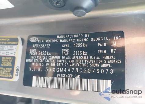 2012 Kia Optima Lx from USA, damaged, VIN 5XXGM4A78CG076073